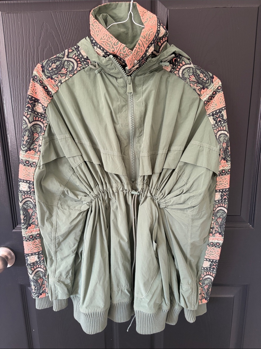 Free People Olive Green Utility Jacket with Patterned Trim